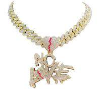 N-Made Beautiful No Love Broken Heart Pendant, Iced Out Pendant for Men & Women, Hip Hop Pendant Necklace, Cuban Chain Width 15mm, 24 inches, Zinc, Rhinestone
