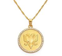 N-Made Beautifull Albanian Eagle Necklace for Women Men - Polish Eagle Necklace - Albanian Eagle Necklace - Round Rhinestone Albania Eagle Pendant Necklace Gold Color Albanian Charms National Jewelry