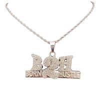 N-Made Born To Hustle Iced Out Pendant Necklace Hip Hop for Men Women, B2H Pendant Width 13mm Cuban Chain or Rope Chain, 24 Inches, Zinc, Rhinestone