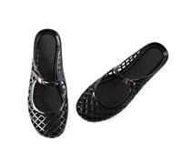 N.N.G Women Cute Jelly Mary Jane Flats - Retro Grid Slip-On Sandals for Summer, Beach & Everyday, Black, 4 UK