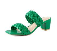 N.N.G Women Heels Sandals Braided Block Nude Summer Chunky Square Leather Woven Comfort Strappy Dress Casual Pumps Mules, 2'' Heels Green, 6 UK