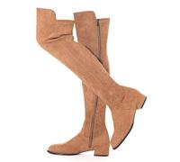 N.N.G Women Over Knee Boots Suede Thigh High Long Comfort Black Winter Low Square Toe Block Heel, Brown 1 Inch Heel, 8 UK