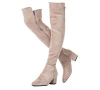 N.N.G Women Over Knee Boots Suede Thigh High Long Comfort Black Winter Low Square Toe Block Heel, Buckle Suede Khaki, 6 UK