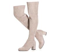 N.N.G Women Over the Knee Boots Low Heel Winter Block Suede Thigh High Chunky OTK Long Comfort, Taupe 2.5 '' Heel/Almond Toe, 4 UK