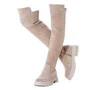 N.N.G Women Over the Knee Boots Thigh High Suede Black Block Low 2 Inch Heel Chunky Above Knee Winter Pointed toe, Cream/Platform, 8 UK