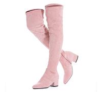 N.N.G Women Over the Knee Boots Thigh High Suede Black Block Low 2 Inch Heel Chunky Above Knee Winter Pointed toe, Pink Inch Heel, 9.5