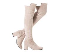 N.N.G Women Over the Knee Boots Thigh High Suede Black Block Low 2 Inch Heel Chunky Above Knee Winter Pointed toe, Cream 1/2 Ihch Heel, 4.5 UK