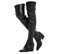 N.N.G Women Over the Knee Boots Thigh High Suede Block Winter Low Above Flat Long OTK Comfort Pointed toe, Black Pu Leather 3"heel, 7.5 UK