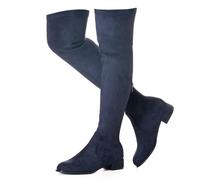 N.N.G Women Over the Knee Boots Thigh High Suede Block Winter Low Above Flat Long OTK Comfort Pointed toe, Navy Blue 1 Inch Heel, 4.5 UK