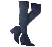 N.N.G Women Over the Knee Boots Thigh High Suede Block Winter Low Above Flat Long OTK Comfort Pointed toe, Navy Blue 3 Inch Heel, 4 UK