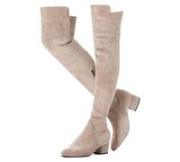 N.N.G Women Over the Knee Walking Boots Thigh High Suede Black Block Low 2 Inch Heel Chunky Above Knee Winter Pointed toe, Beige Ihch Heel, 8 UK