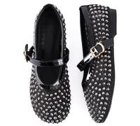 N.N.G Women Rhinestone Mesh Summer Mary Jane Ballet Flats, Breathable Crystal Embellished Slip-On Shoes with Adjustable Strap, Black, 7 UK