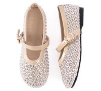 N.N.G Women Rhinestone Mesh Summer Mary Jane Ballet Flats, Breathable Crystal Embellished Slip-On Shoes with Adjustable Strap, Nude, 4.5 UK