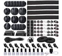 N NOROCME Cord Management Organizer Kit 4 Cable Sleeve Split with 41Self Adhesive Clips Holder, 10pcs and 2 Roll Self tie 100 Fastening Ties for TV Office Car Desk Home Black