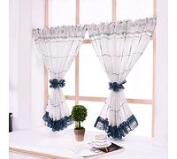 n Pastoral Sle Short ain Navy Blue Plaid Sheer ains Cotton Linen Kitchen ain Bedroom ain for Home Decor (W150 x H130cm)