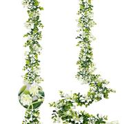 N&T NIETING 2Pcs Artificial Eucalyptus Garland, 6FT Hanging Vine with White Flowers, Greenery Decoration for Wedding Arch Wall Table Party Indoor Outdoor Decor