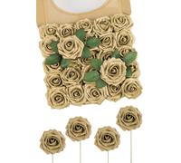 N&T NIETING Artificial Flowers Glitter Rose, 25pcs Fake Roses Flowers with Stems Real Touch Faux foam Roses for Wedding Bouquets Party Office Baby Shower Home Christmas Decoration(Golden)