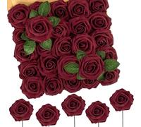 N&T NIETING Artificial Flowers Red Roses, 50 Pcs Fake Flowers Real Touch Roses with Stems DIY Craft Flowers for Wedding Bridal Bouquets Centerpieces Floral Arrangement Party Home Decoration, Dark Red