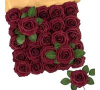 N&T NIETING Artificial Flowers Roses, 25Pcs Foam Roses Real Touch Red Rose with Stems Fake Flowers for Wedding Bridal Bouquets Centerpieces Floral Arrangement Party Home Decoration, Dark Red