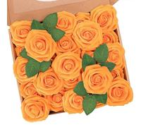 N&T NIETING Artificial Flowers Roses, 25pcs Real Touch Foam Roses with Stem Fake Flowers for Wedding Bridal Bouquets Party Centerpieces DIY Crafts Flower Home Autumn Decoration, Orange