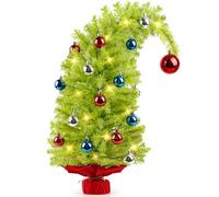 N&T NIETING Whimsical Christmas Tree with Lights, Mini Table Top Trees with Wooden Stand and Christmas Ball, Artificial Xmas Trees for Home Office Desktop Party Indoor Christmas Decorations, 61CM