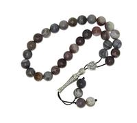 N667 - Grey Agate Gemstone Worry Beads - 29-Bead Misbaha Tasbih with 10mm Polished Beads & Ornate Tassel - Islamic Prayer Gift for Meditation, Focus & Spiritual Calm