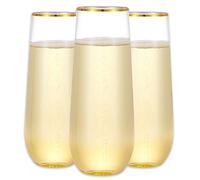 N9R 12PCS Plastic Champagne Flutes, 9 oz Stemless Disposable Gold Rim Toasting Glasses, Crystal Clear Cocktail Cups Drinkware Shatterproof Ideal for Party Wedding Birthday