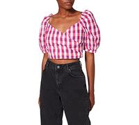 NA-KD Puff Sleeve Wrap Blouse, Pink Check, EU 40