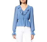 NA-KD Women's Frill V-Neck Chiffon Blouse, Blue, 4 UK