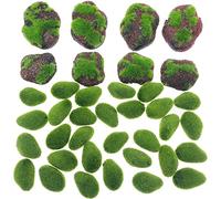 NA Woohome 38 PCS Artificial Moss Rocks Decorative Faux Green Moss Covered Stones, 30 PCS Green Moss Balls and 8 PCS Fake Red Brick Moss Decor for Floral Arrangements, Fairy Gardens and Crafting