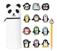 Naapesi 2-in-1 Silicone Pencil Case - Panda, Animal Pencil Case with 12 Pcs Cartoon Pencilclips, Pencilcase with Practical Zip for Storing Pens, Zipper Closure, White, Soft, Ideal for School