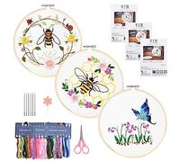 Naapesi 3 Sets Embroidery Starter Kit for Beginners, Stamped Embroidery Kit with Bees Flowers Patterns and Instructions, Cross Stitch Set Crafts Include Embroidery Fabric Bamboo Hoops Threads Needle