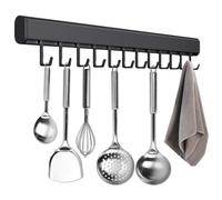 Naapesi Hook Rail Kitchen Without Drilling, 50CM Utensil Rack with 10 Movable Hooks, Hanging Rail Aluminum Railing for Kitchen Utensils, Black, Wall Mount, Strong Self Adhesive, Saving Tool Holder