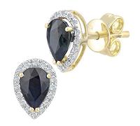 Naava 18ct Yellow Gold Teardrop Stud Earrings for Women - Certified Gold Earrings with Natural Sapphire and 0.25ct Round Diamonds