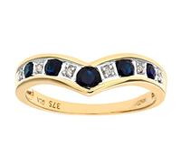 Naava Women’s 9ct Yellow Gold Diamond & Sapphire Wishbone Ring - V Shape Blue Sapphire with 0.02ct Diamond, Chevron Engagement Band - Bridal Promise Ring with Gift Box