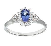 Naava Women's 9 ct White Gold Four Prong Set Round Brilliant Cut Oval Tanzanite with Diamond Cluster and Shoulder Ring, Size N