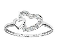 Naava Women's 9 ct White Gold Pave Set Diamond Heart In Heart Ring