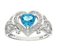 Naava Women's 9 ct White Gold Round Brilliant Cut Diamond and Heart Blue Topaz Ring, Size O