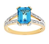 Naava Women's 9 ct Yellow Gold 0.14 ct Round Cut Four Claw Set Diamond Blue Topaz Ring, Size M