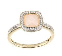 Naava Women's 9 ct Yellow Gold Diamond and Pink Opal Ring, Square Cut Gemstone, Size - J