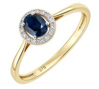 Naava Women's 9 ct Yellow Gold Diamond Halo and Round Sapphire Ring, Size N