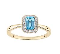 Naava Women's 9ct Yellow Gold Diamond and Blue Topaz Gemstone Rectangle Cut Ring - Size P