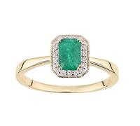 Naava Women's 9ct Yellow Gold Diamond and Emerald Gemstone Rectangle Cut Ring - Size K