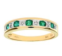 Naava Women's 9ct Yellow Gold Emerald and Diamond Eternity Ring - Channel Set Green Gemstone with 0.02ct Diamond Anniversary Band for Women, Italian Made Ring Jewellery