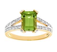 Naava Women's 9ct Yellow Gold Peridot & 0.13ct Diamond Solitaire Ring - Green Stone Ring for Women, Italian Made Ring Jewellery