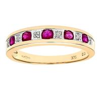 Naava Women's 9ct Yellow Gold Ruby and Diamond Eternity Ring - Channel Set Red Gemstone with 0.02ct Diamond Anniversary Band for Women, Italian Made Ring Jewellery