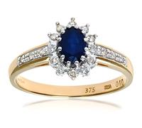 Naava Women's Sapphire and 12 Diamond Set Shoulders 9 ct Yellow Gold Ring - Size K
