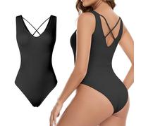 Nabawa Ribbed Bodysuit for Women Tummy Control Sleeveless Shapewear Bodysuit,Black,L