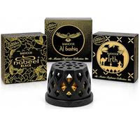 Nabeel Bakhoor Gift Set with Black Incense Burner, Al Bashiq, Irth & Nabeel Black 3 x 40g, 120g Oud Bakhoor Collection with Decorative Mabkhara Burner