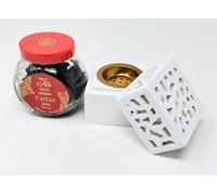Nabeel Oudh Fattan Bakhoor 40g Jar with White Resin Burner - Floral Powdery Leathery Fruity Aroma - Plum, Jasmine, Sandal & Amber Notes - Long Lasting Arabian Incense for Home Fragrance